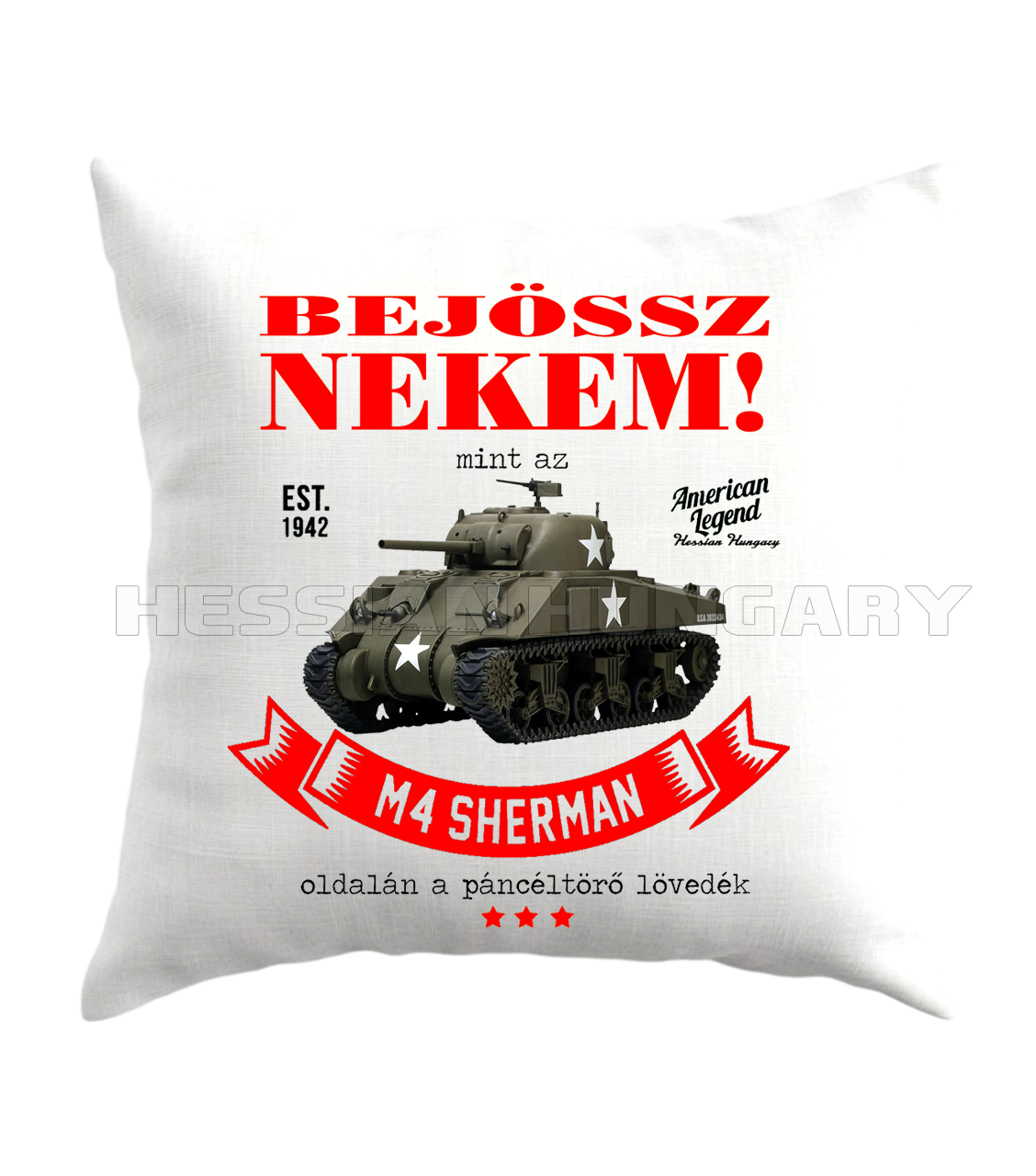 Hófehér díszpárnahuzat M4 Shermann tankos grafikával.